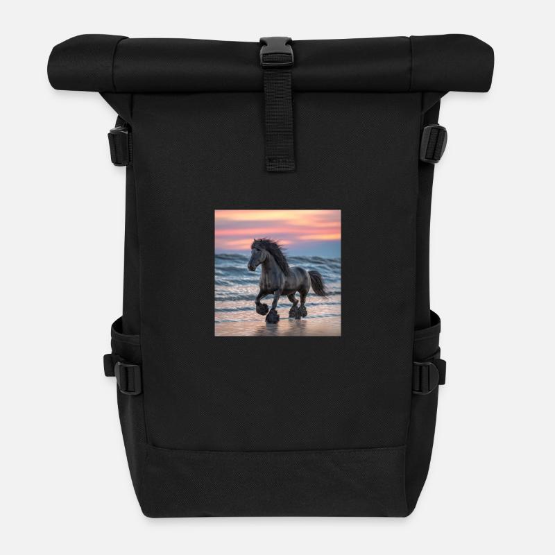Friesian horse on the beach - Roll Top Backpack - black