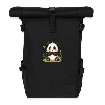 Cute cartoon panda with bamboo and butterfly - Roll Top Backpack - black - Front