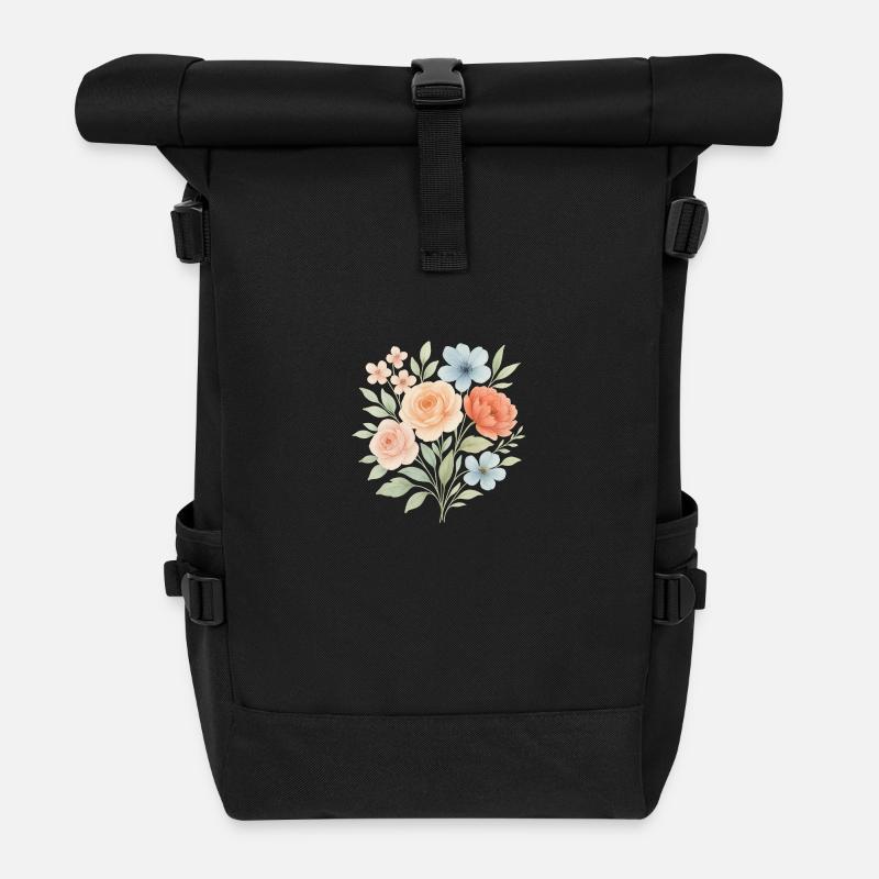 Blütentraum – nostalgisch & zart - Rolltop Rucksack - Schwarz