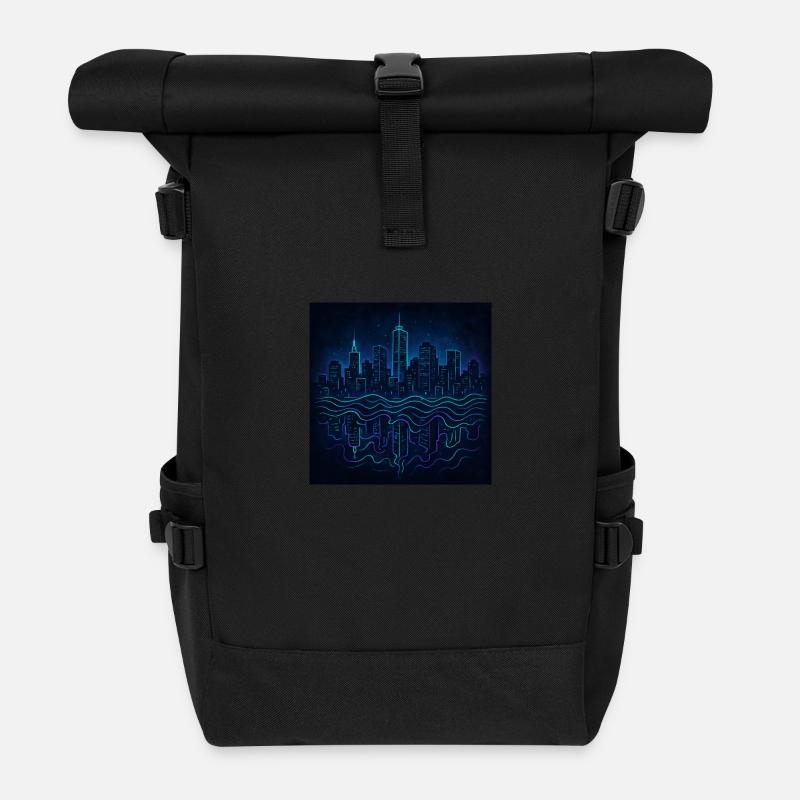 Neon Skyline mit Spiegelung - Rolltop Rucksack - Schwarz