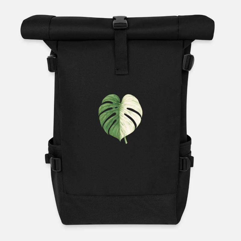 Monstera Albo – Elegance in Green & White - Roll Top Backpack - black