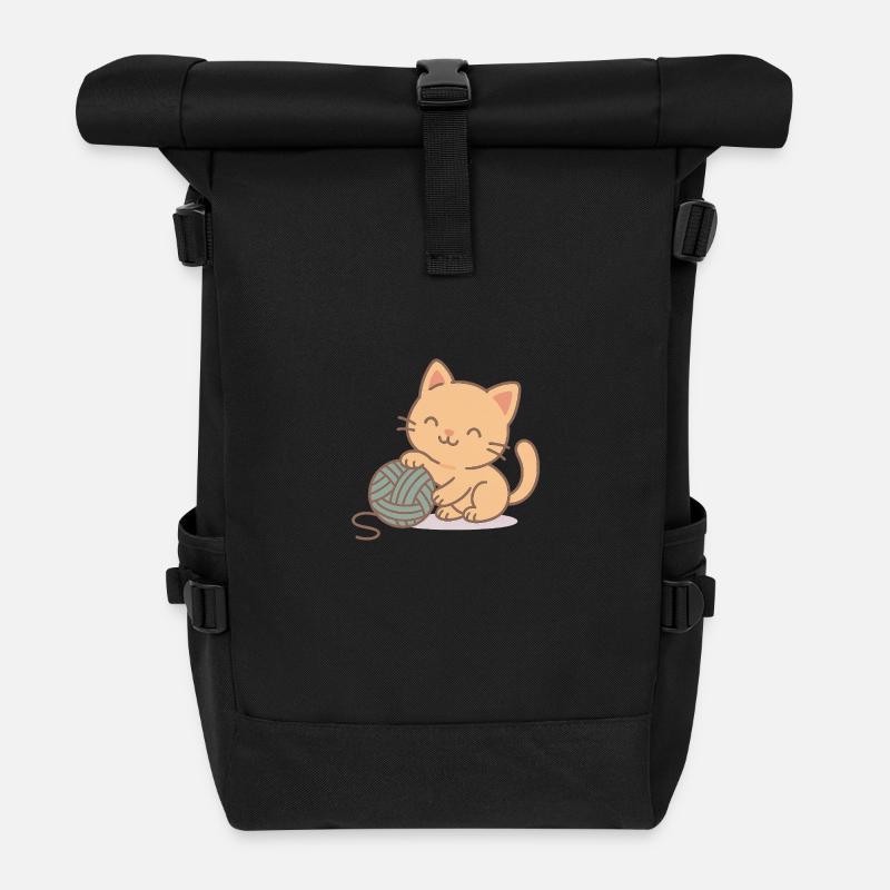 Kitten with ball of wool - Roll Top Backpack - black