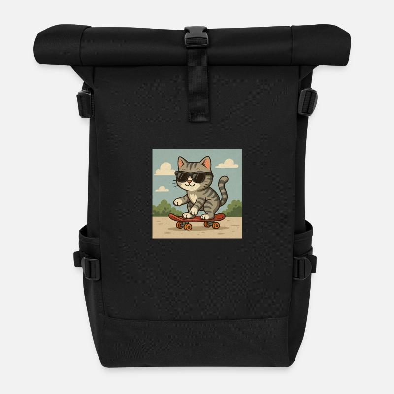 Coole Katze auf Skateboard - Rolltop Rucksack - Schwarz