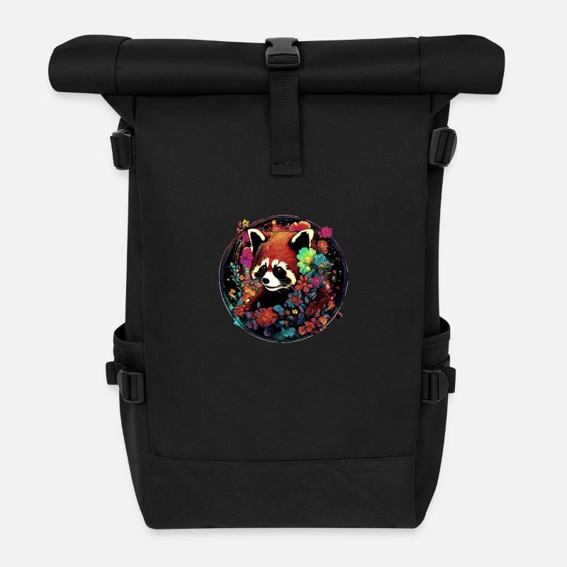 Roter panda,panda,Blumen, illustration - Rolltop Rucksack - Schwarz