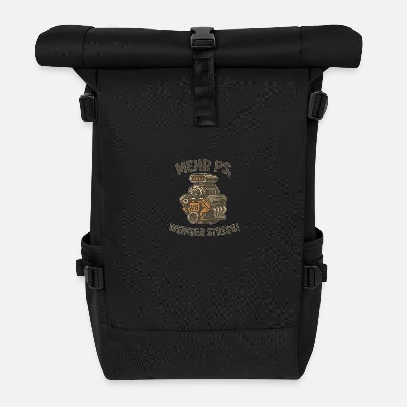 Mehr PS, weniger Stress – V8 Motor - Rolltop Rucksack - Schwarz