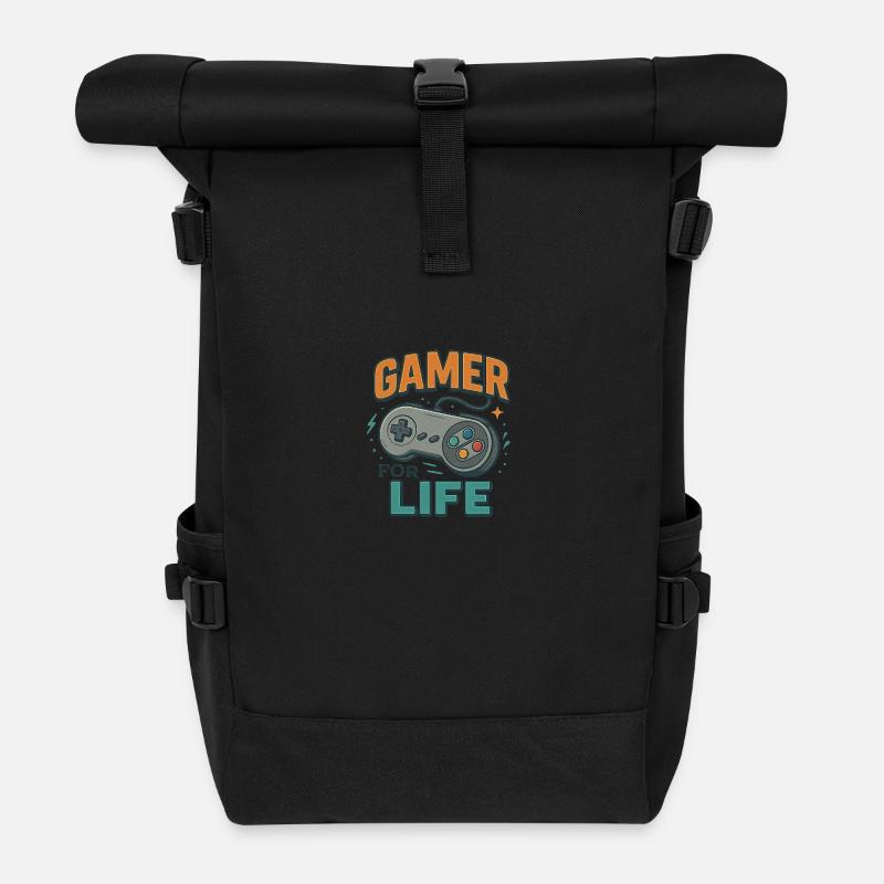 Gamer for Life – Retro Style Controller - Roll Top Backpack - black