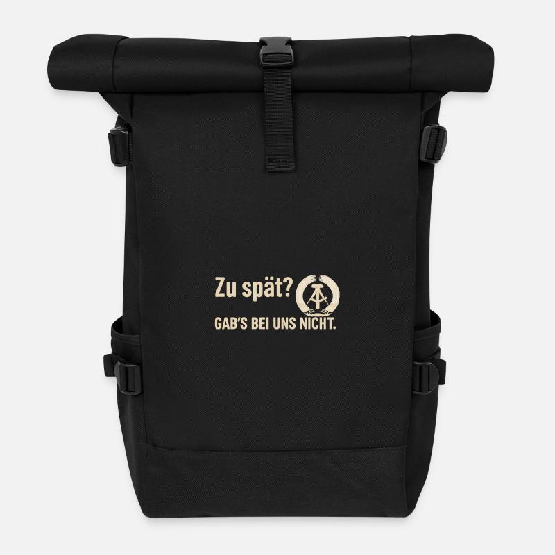 DDR Retro Shirt – „Zu spät? Gab’s bei uns nicht.“  - Rolltop Rucksack - Schwarz