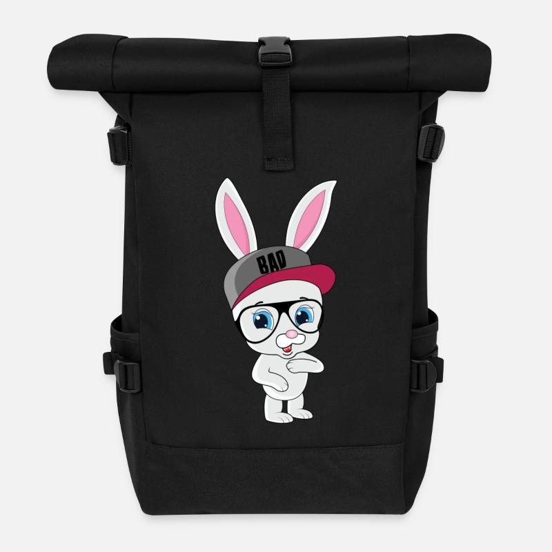 Cooler Hase Kaninchen mit Cap und Brille - Rolltop Rucksack - Schwarz