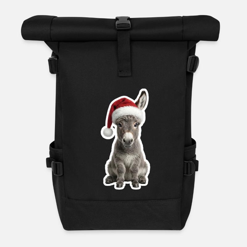 Gray donkey foal at the manger - Roll Top Backpack - black
