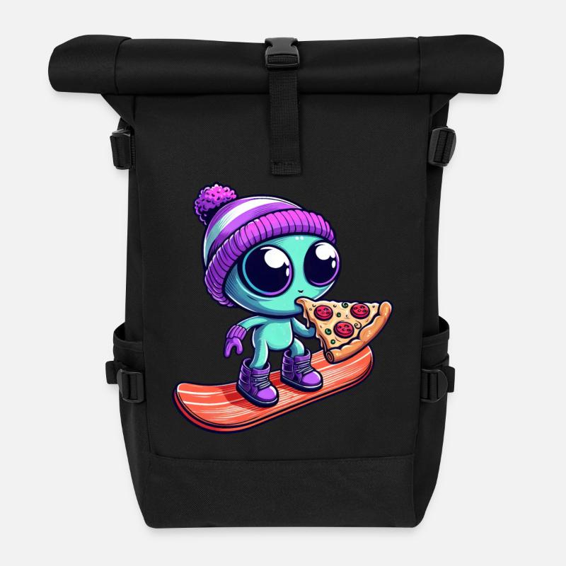 Cooles Alien mit Wollmütze Snowboarder - Rolltop Rucksack - Schwarz