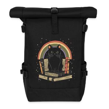 black cat sitting on books - Roll Top Backpack - black - Front
