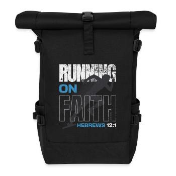🏃 ♂️Blau "Auf Glauben laufen" Hebräer 12,1 - Rolltop Rucksack - Schwarz - Vorne