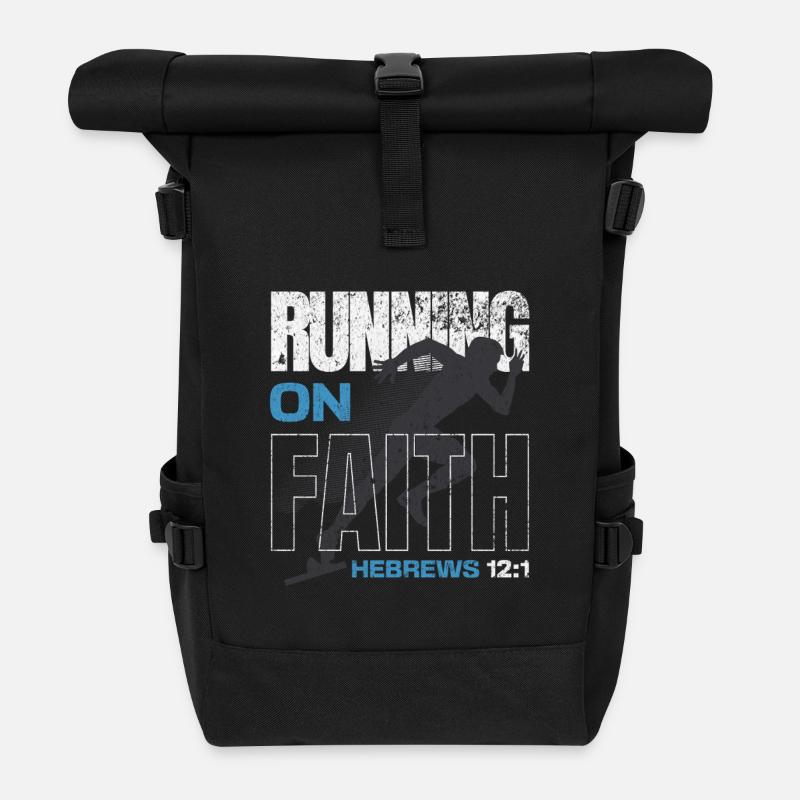 🏃 ♂️Blau "Auf Glauben laufen" Hebräer 12,1 - Rolltop Rucksack - Schwarz