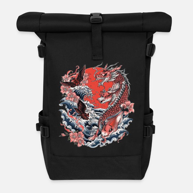 Koi, Waves and Cherry Blossom - Roll Top Backpack - black