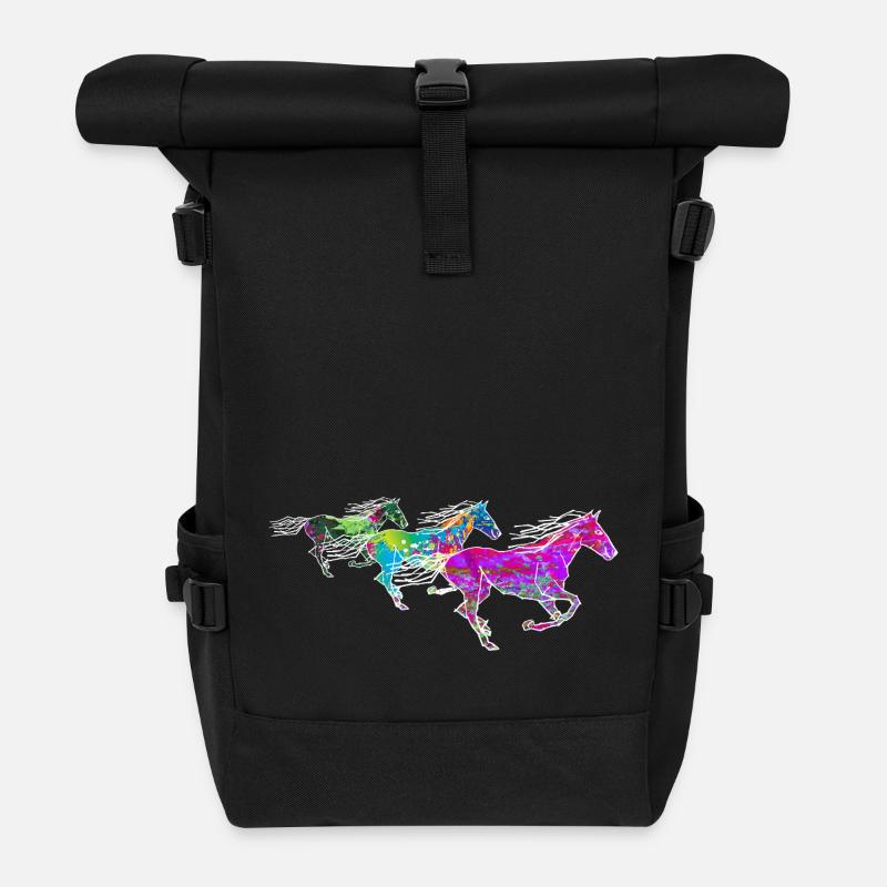 wilde bunte süße Pferde, gezeichnet Zirkuspferd - Rolltop Rucksack - Schwarz