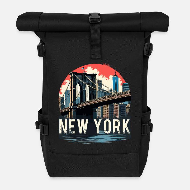 New York – Brooklyn Bridge und Skyline - Rolltop Rucksack - Schwarz