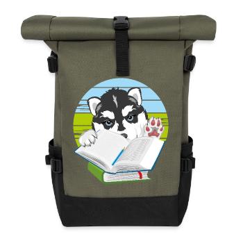 Chiot husky chien adore lire des livres - Sac à dos roll top - olive/noir - Devant