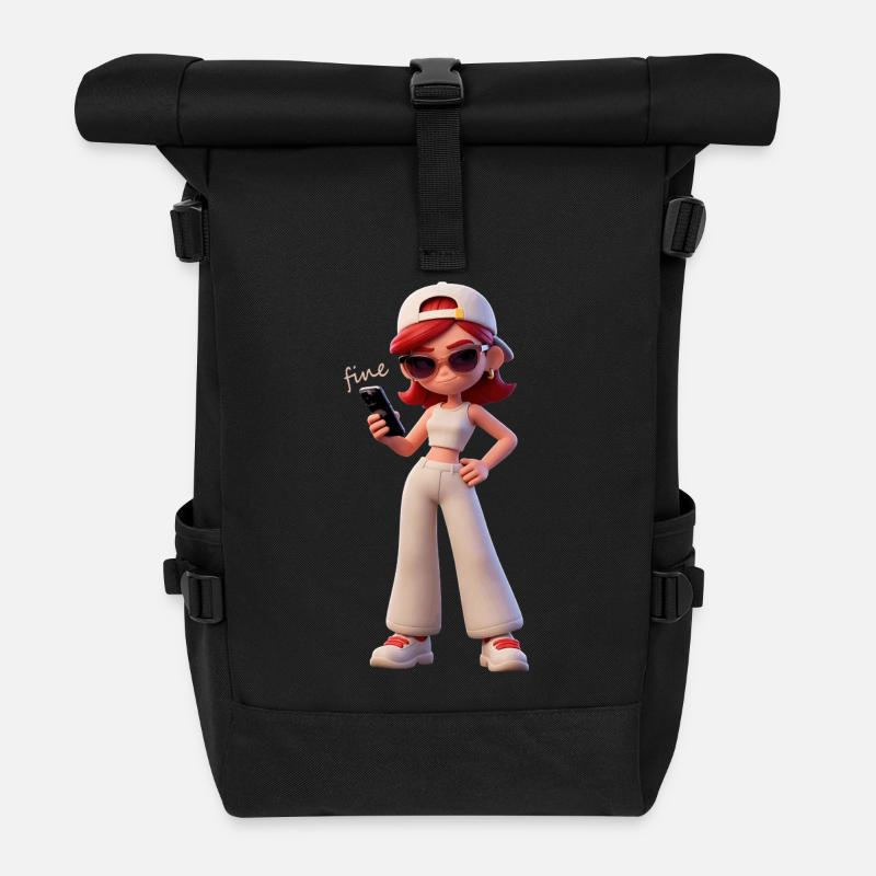 Lässig Influencerin mit Smartphone - Rolltop Rucksack - Schwarz