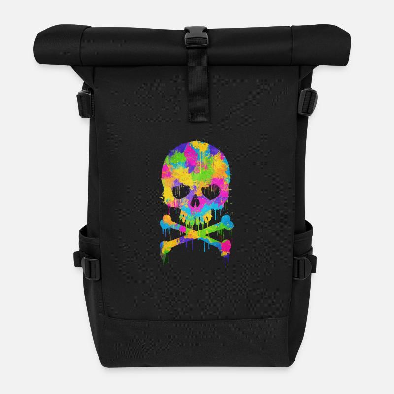 Trendy & Cool Abstract Graffiti Skull - Roll Top Backpack - black