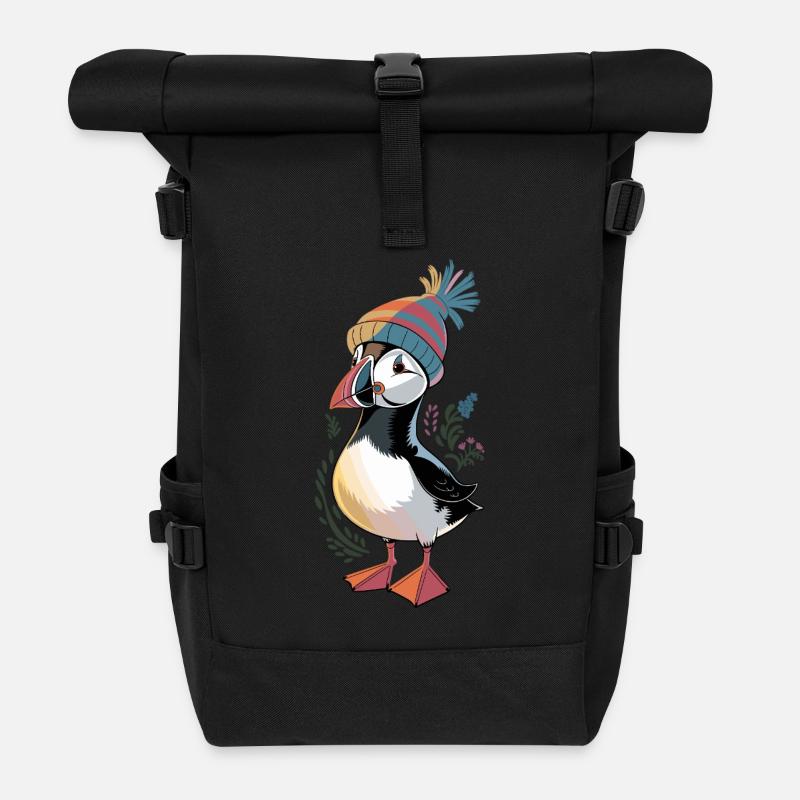 Puffin with cap: Winter charm - Roll Top Backpack - black