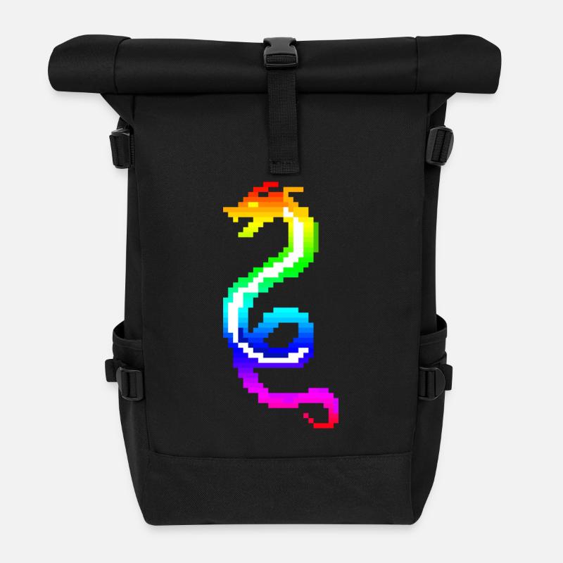 Bunter Retro-Drache - Rolltop Rucksack - Schwarz