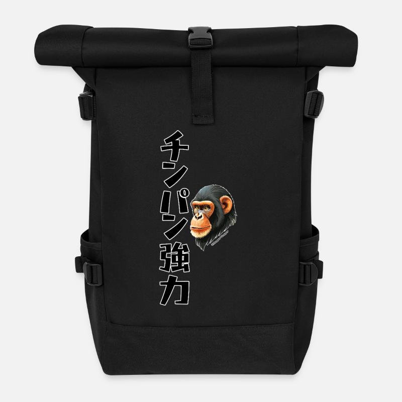 Chimp Powerful Japanese Kanji Shirt Design - Roll Top Backpack - black