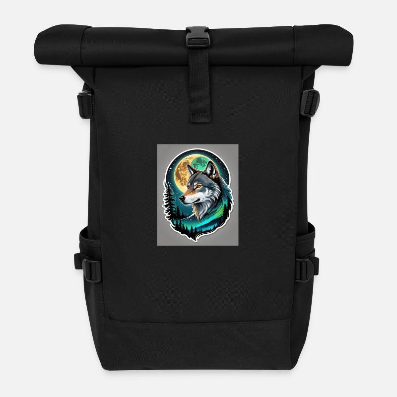 Wolf im Vollmond - Rolltop Rucksack - Schwarz