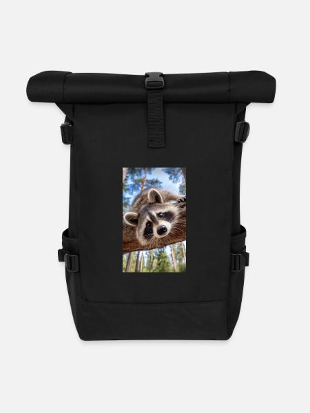 Curious Raccoon on Tree Limb - Roll Top Backpack - black