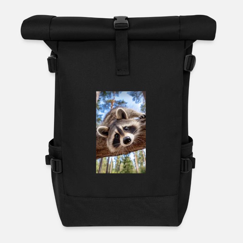 Neugieriger Waschbär am Baumast - Rolltop Rucksack - Schwarz