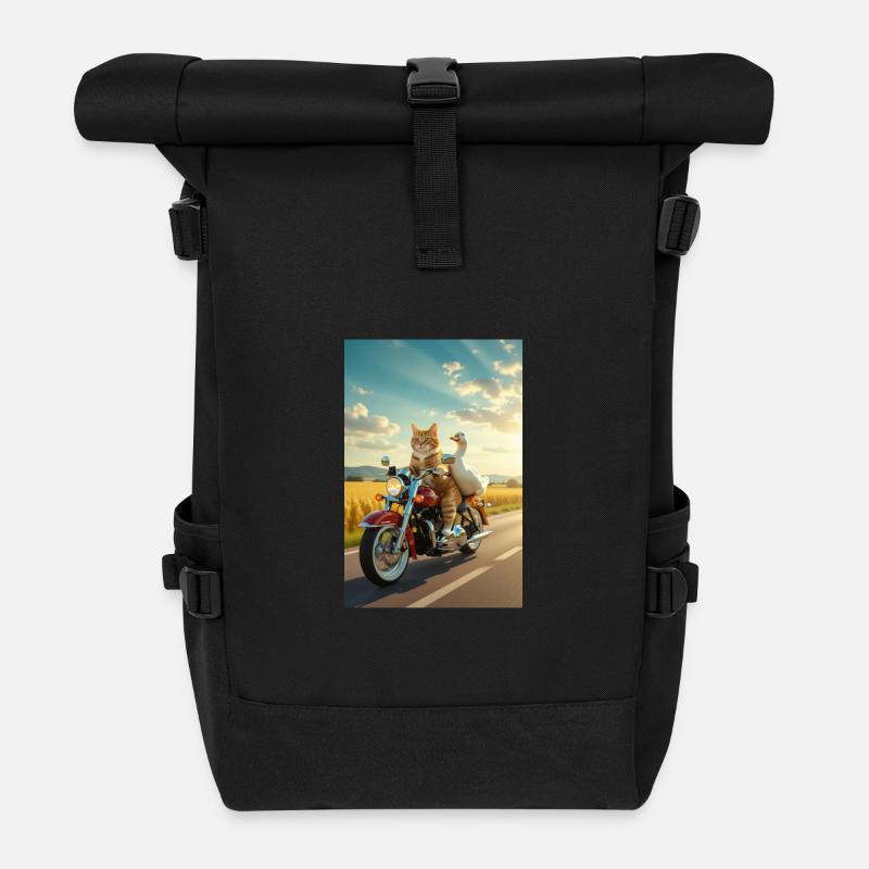 Katze und Gans auf einem Motorrad - Rolltop Rucksack - Schwarz