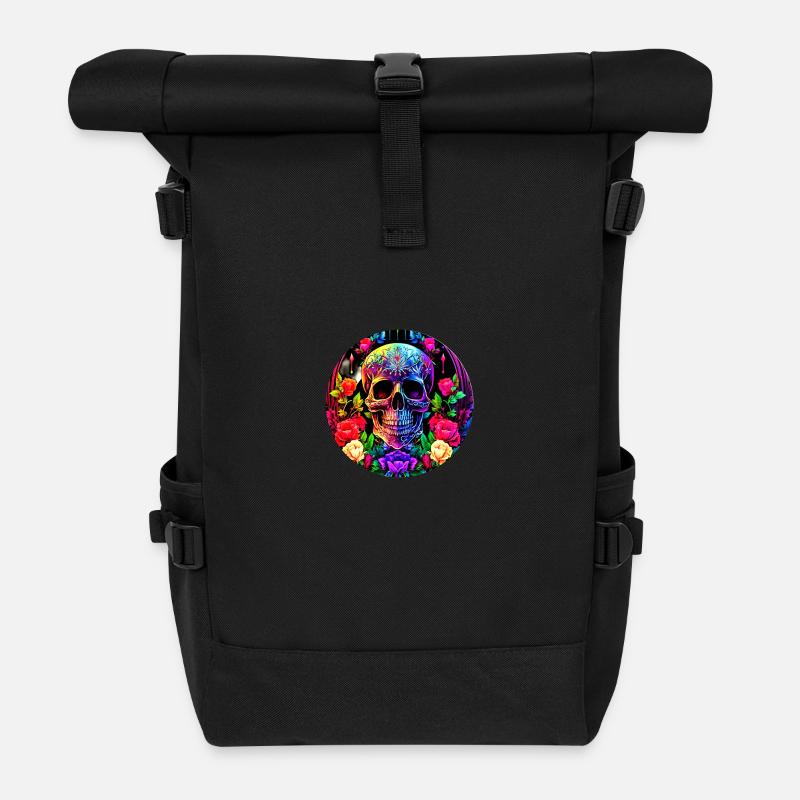 Farbenfroher Totenkopf mit Blumen - Rolltop Rucksack - Schwarz