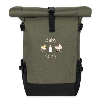 Baby 2023 Geburt Mädchen Vorlage personalisierbar - Rolltop Rucksack - Olive/Schwarz - Vorne