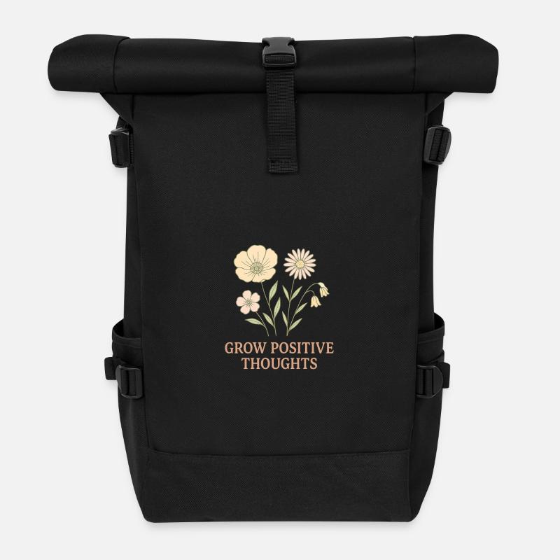 Thinking Positive Flower Motif - Roll Top Backpack - black