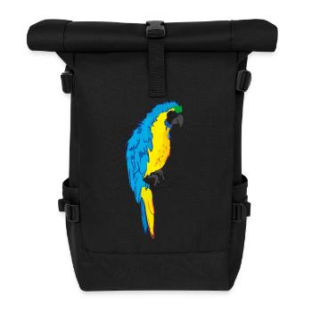 Macaw parrot yellow, blue drawing - Roll Top Backpack - black - Front