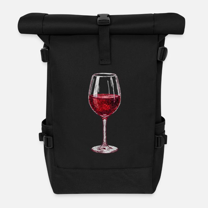 Wine glass in embroidered look (printed) - Roll Top Backpack - black