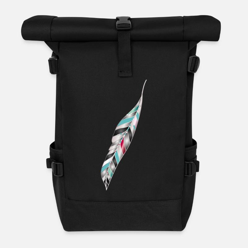 Kunstvolle Vogel Feder im Ethno Stil - Rolltop Rucksack - Schwarz