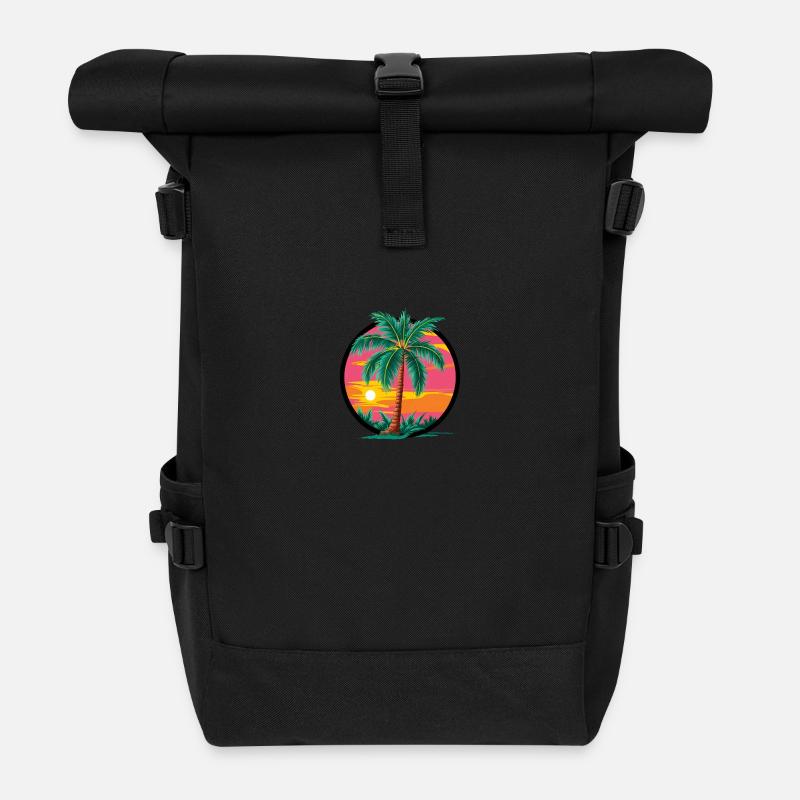 Palmier tropical au coucher du soleil – motif de vacances - Sac à dos roll top - noir