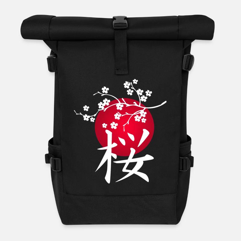 Cerisier japonais blanc et soleil rouge - Sac à dos roll top - noir