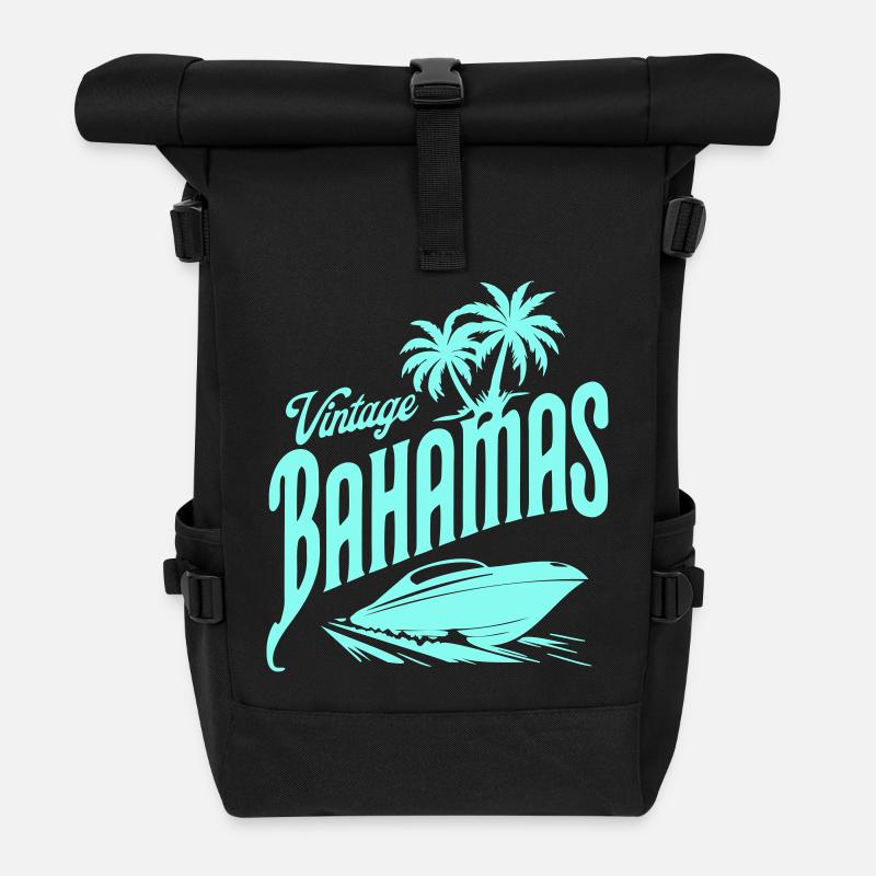 Vintage Bahamas Blue Palm Trees & Speedboat Design - Roll Top Backpack - black