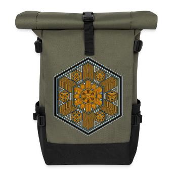 Hexagon Mandala Psytrance Goa Techno Rave Festival - Rolltop Rucksack - Olive/Schwarz - Vorne
