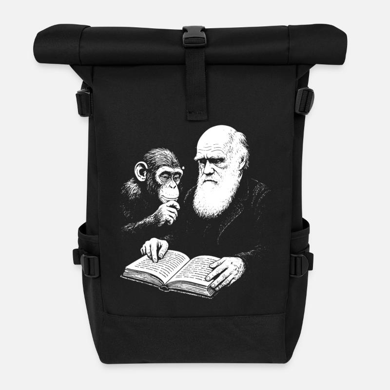 Charles Darwin lernt mit Monkey - Rolltop Rucksack - Schwarz