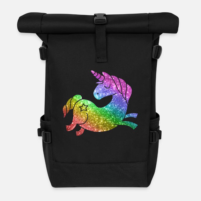 Regenbogen Glitzer Einhorn - Unicorn - Rolltop Rucksack - Schwarz