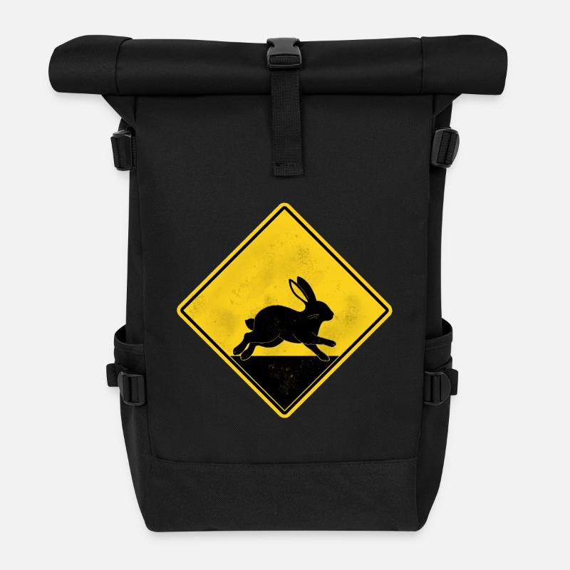 Rabbit yellow road sign - Roll Top Backpack - black