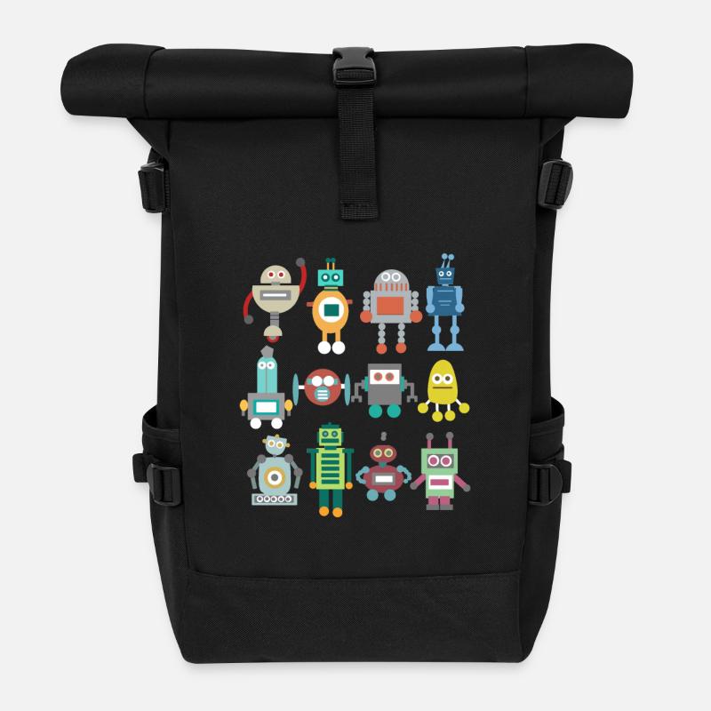 Roboter Retro - Rolltop Rucksack - Schwarz