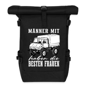 Männer mit Unimog - Offroad - Universal Motorgerät - Rolltop Rucksack - Schwarz - Vorne