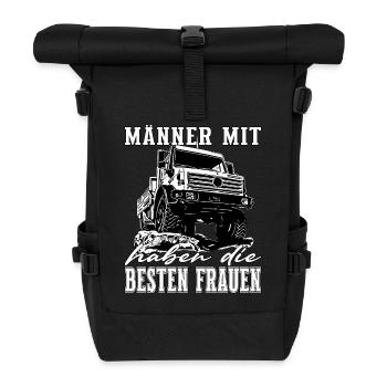 Männer mit Unimog - Offroad - Universal Motorgerät - Rolltop Rucksack - Schwarz - Vorne