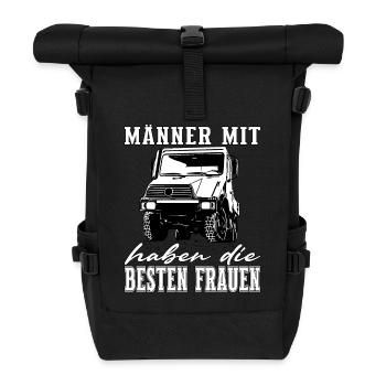 Männer mit Unimog - Offroad - Universal Motorgerät - Rolltop Rucksack - Schwarz - Vorne