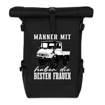 Männer mit Unimog - Offroad - Universal Motorgerät - Rolltop Rucksack - Schwarz - Vorne