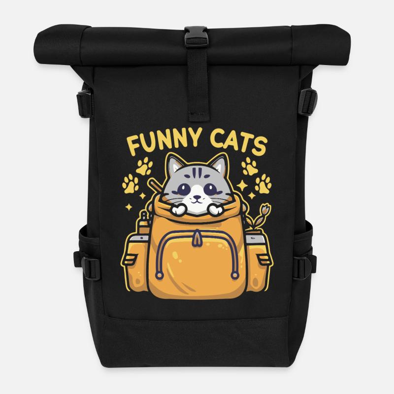 Funny with a cat looking regal in the backpack - Roll Top Backpack - black