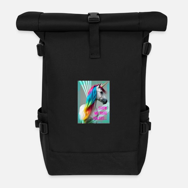 Regenbogeneinhorn - Rolltop Rucksack - Schwarz
